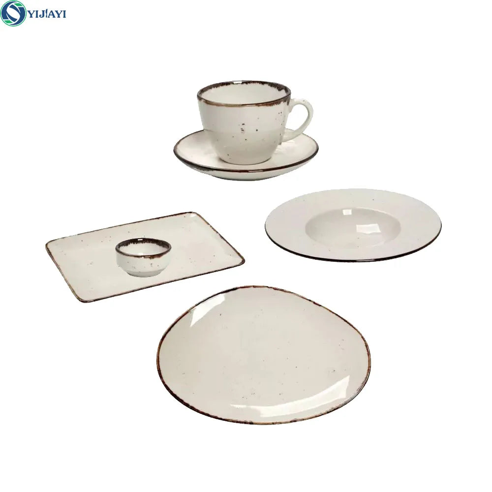 Luxury Stoneware Ceramic Dinnerware Set Stone Color Glazed Porcelain with Plant Pattern Sustainable and Stocked Design