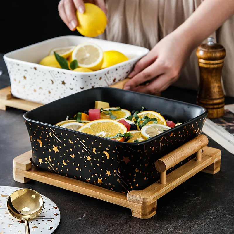 drop shipping Fruit Salad Bowl Home Kitchen Large Square bowl Bamboo Wood Tray Black Rice pot Soup White Ceramic Square Bowl