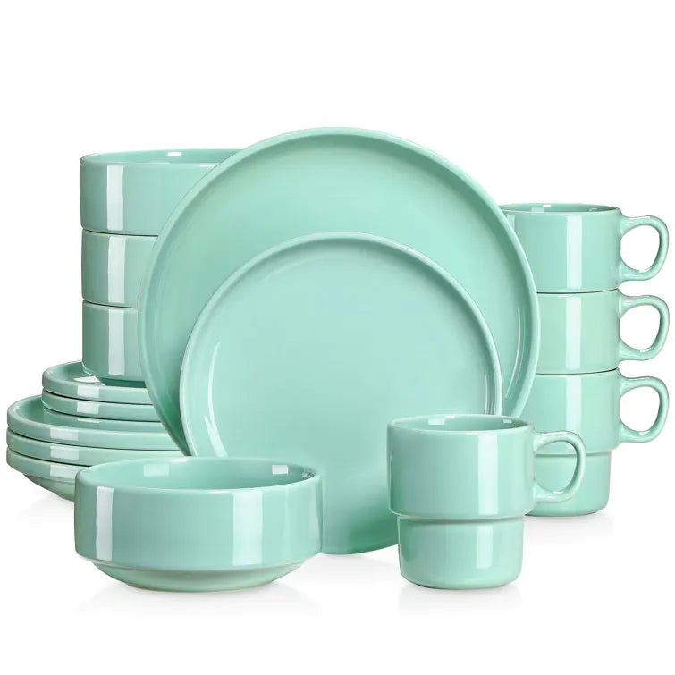 Dinnerware Sets, 12-16 Piece Plates and Bowls Sets - Service for 4, Green&Grey pink red ceramic plate