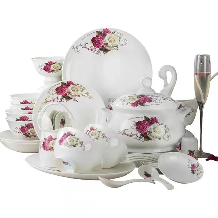 Manufacturer Wholesale Porcelain 56PCS New Design Fine Bone China Dinnerware Set for 6 People With Flower Decal luxury plates