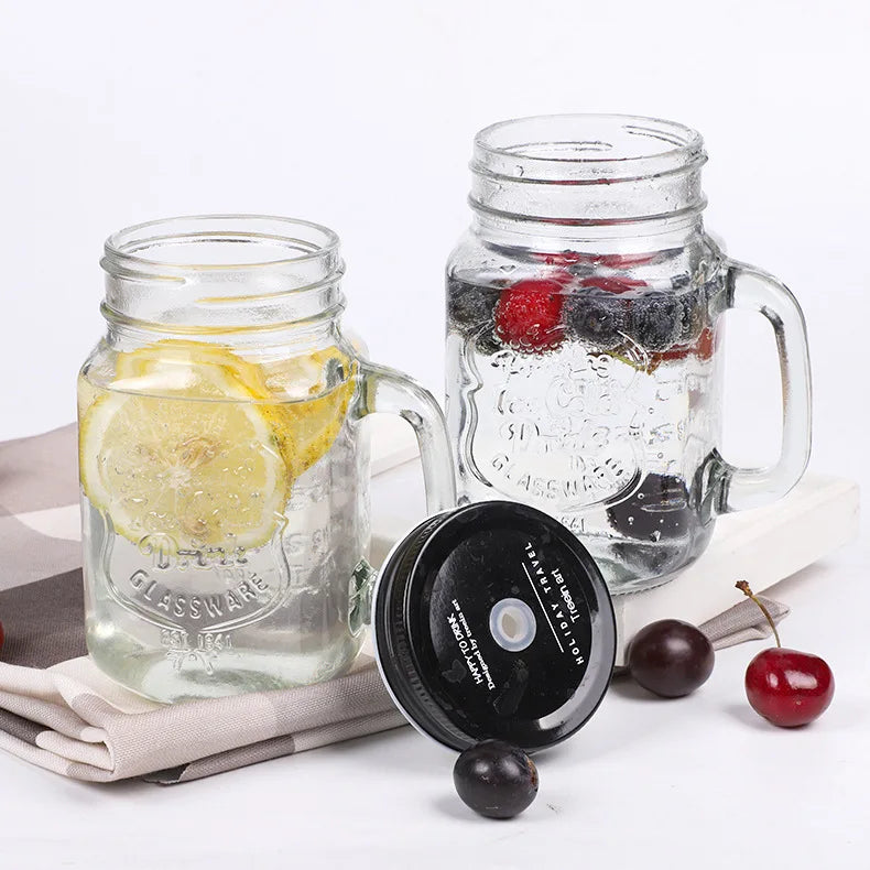 C394 Transparent Fruit Juice Cool Drink Glass Cup Mug Mason Jar Lemon Bottle With Cover Straw Sport Water Bottle