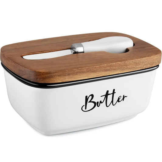 JIUWANG Cow Butter Dish with Knife Farmhouse Covered Butter Holder Fits Two Sticks of Butter