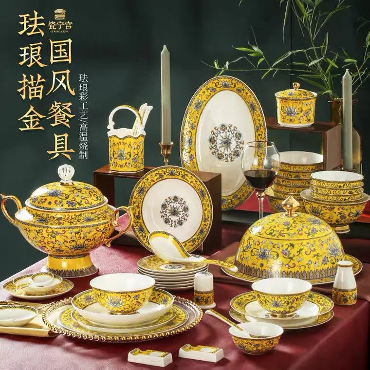 Best Sell Jingdezhen 86Pieces Western Style Golden Mosaic Bone China Tableware Set luxury plates