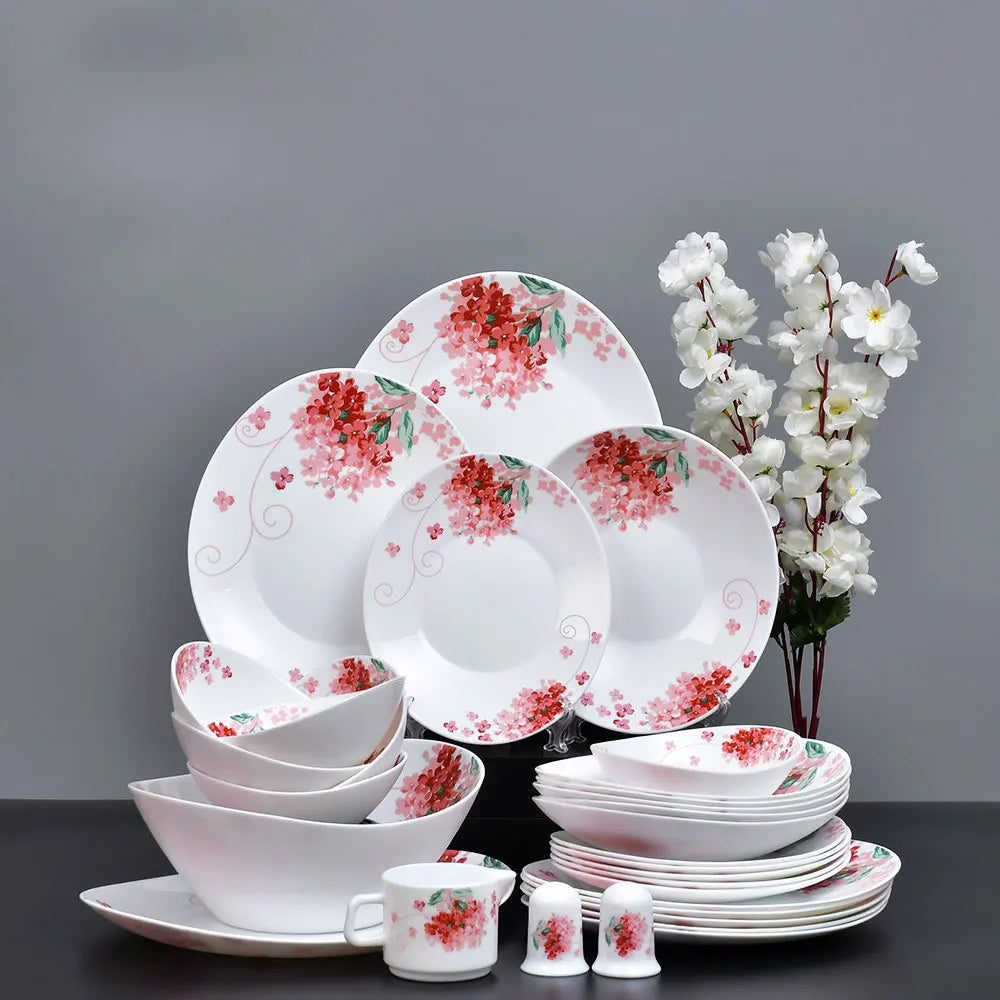 JIUWANG Wholesale Customize 30 Pcs Luxurious Premium Quality Cherry Blossom White Ceramic Dinnerware with color gift box packing