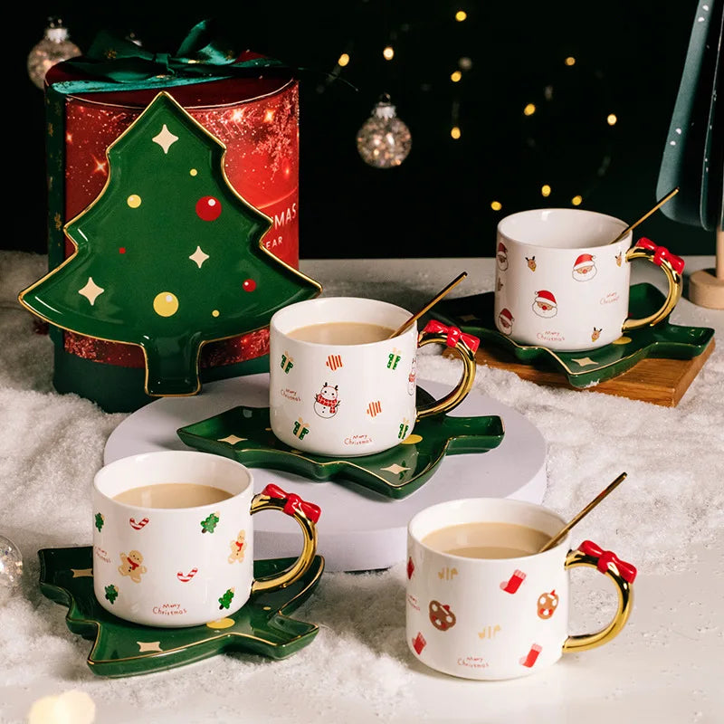 Premium Decorations Christmas Tree Mug Spoon Cute Glaze Custom Logo Ceramic Coffee Cup Plate Set for Gift