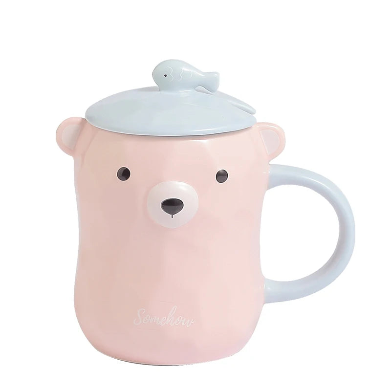 Cute Bear 3D Ceramic Mugs Creative Milk Coffee Tea Cup Unique Porcelain Mugs with Lid and Spoon