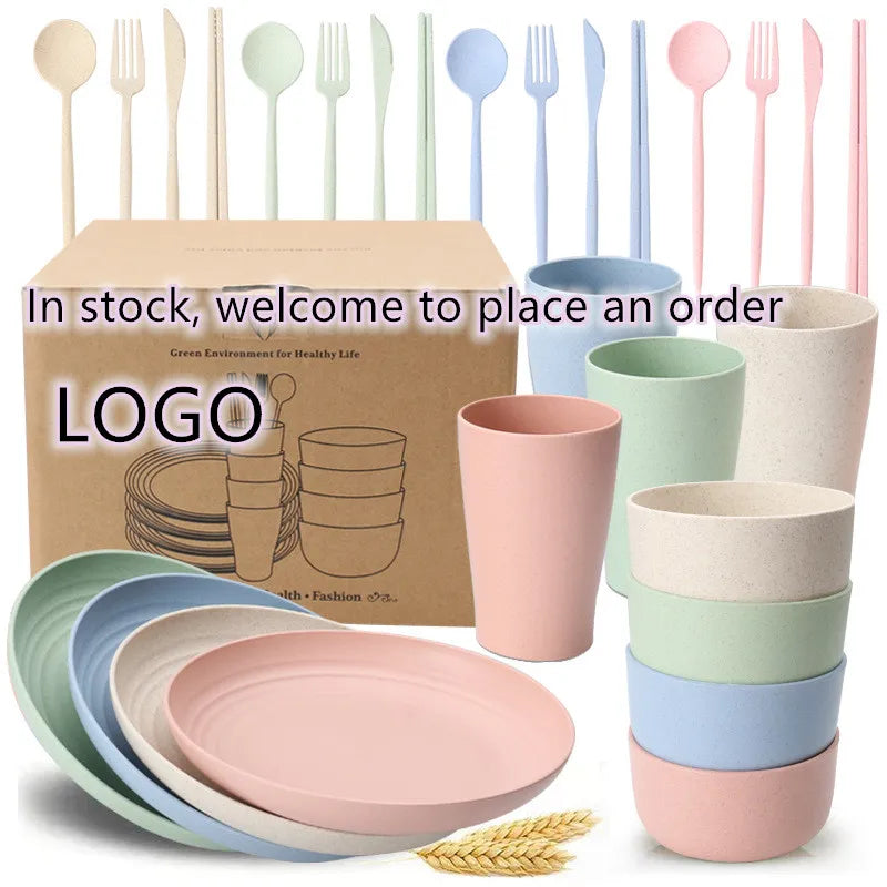 Wholesale Wheat Straw Kids Dinner Set Tableware Degradable Plates Cup Tableware Set Wheat Straw Cutlery Dinnerware Set