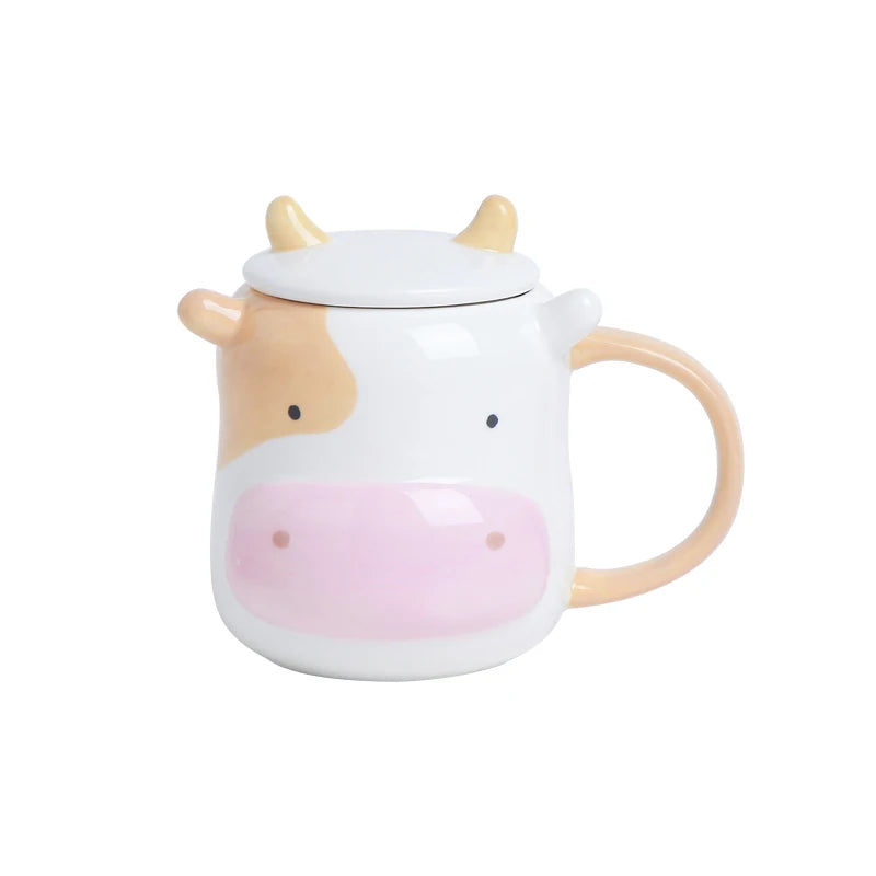 Funny Novelty Gifts 3D Ceramic Cartoon Portable Mug With Lid spoon  bull Shaped milk  tea cup