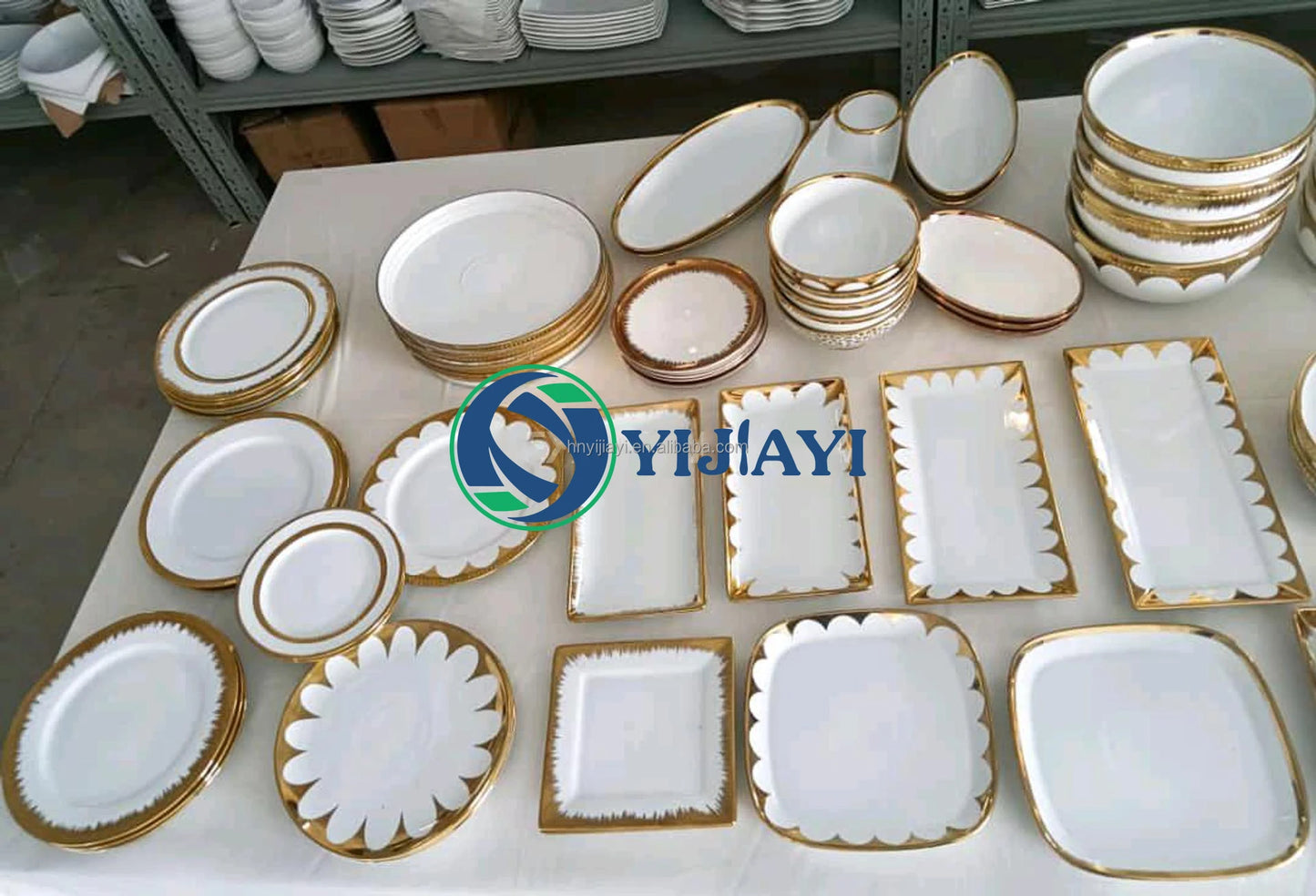 JIUWANG wholesale  dinner  plate Set White/gold ceramic loose tableware