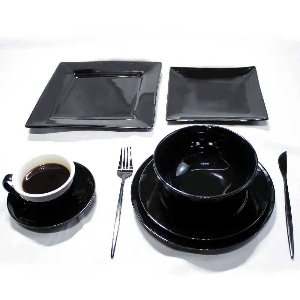 High End Round Glossy Wedding Charger Plates Luxury black ceramic dinner plates dishware  set