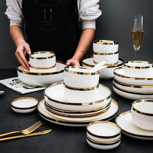 JIUWANG Nordic wholesale gold dinner Plate Set Porcelain Luxury Dinnerware Dishes Ceramic Plate