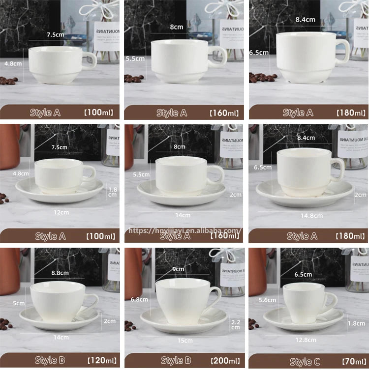 custom 150 ml 100ml 300ml 400ml 200ml  logo plain white ceramic cup and saucer set bone china