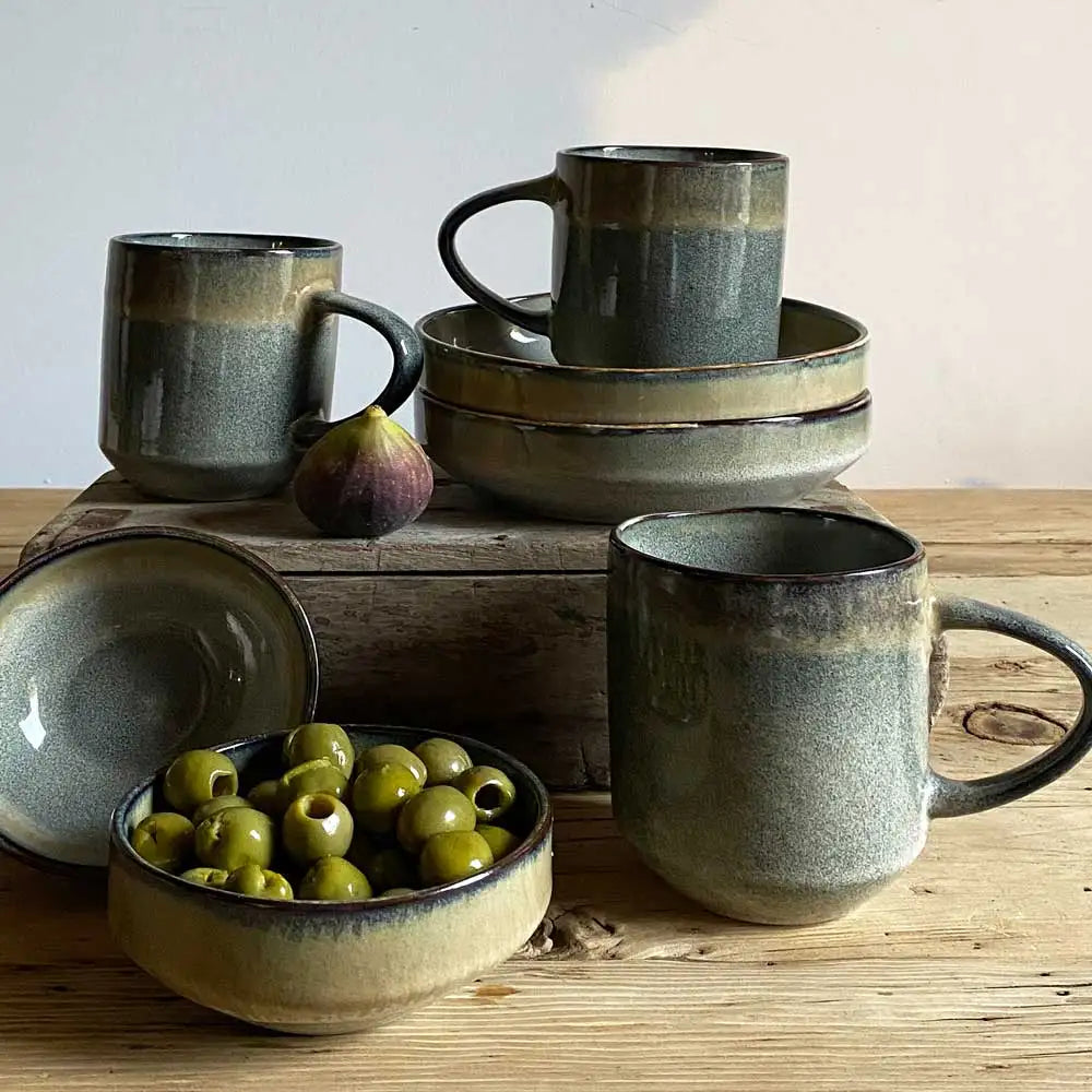 Dinner Set Red Blue Black Solid Two Stone Color Glazed Stoneware Ceramic Crockery Dinnerware