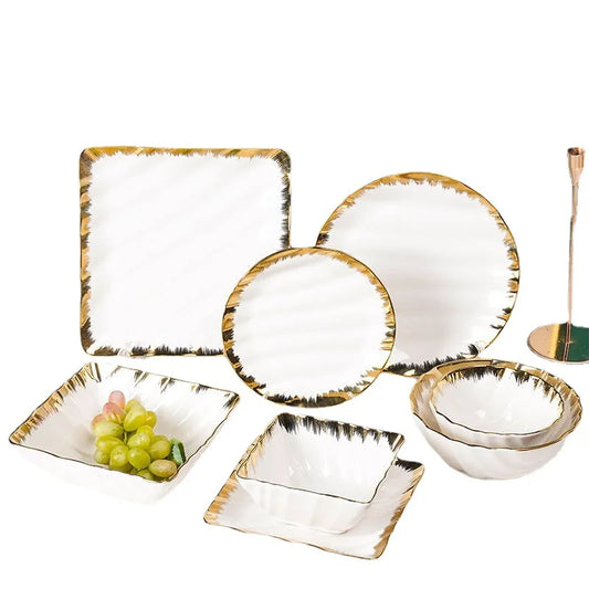 JIUWANG wholesale gold dinner  White gold plated ceramic twill hotel tableware utensils dinnerware set