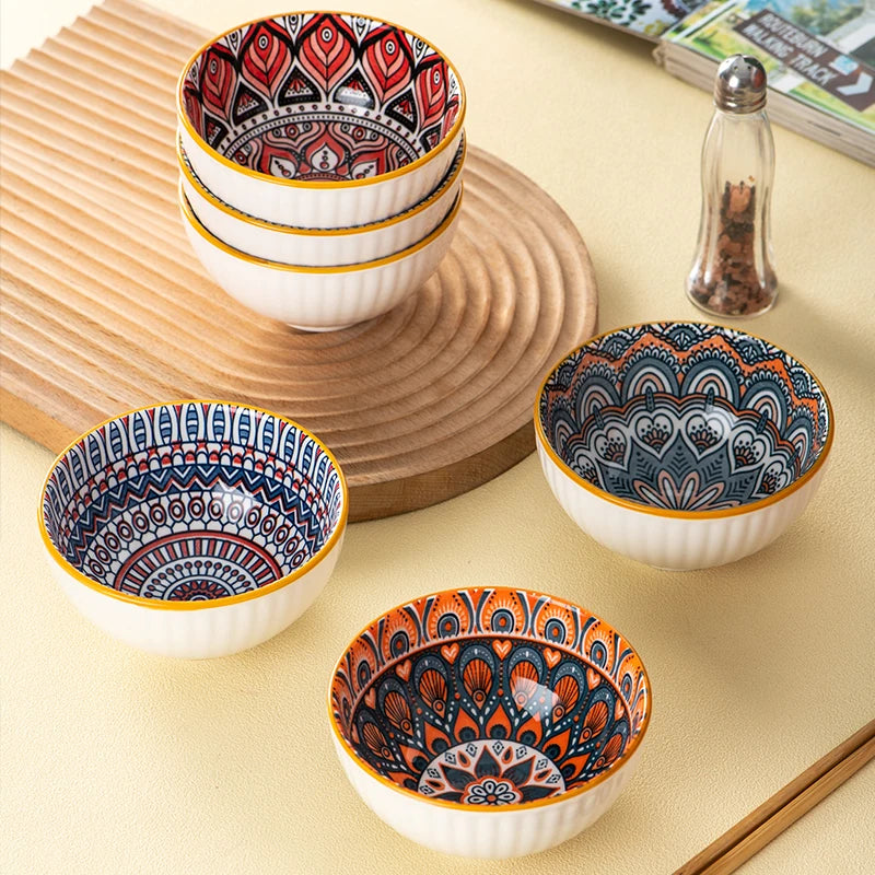 4.5inch Bohemian Style Ceramic Bowls With Chopsticks Set Porcelain Bowl Set Rice Bowl For Gift Christmas