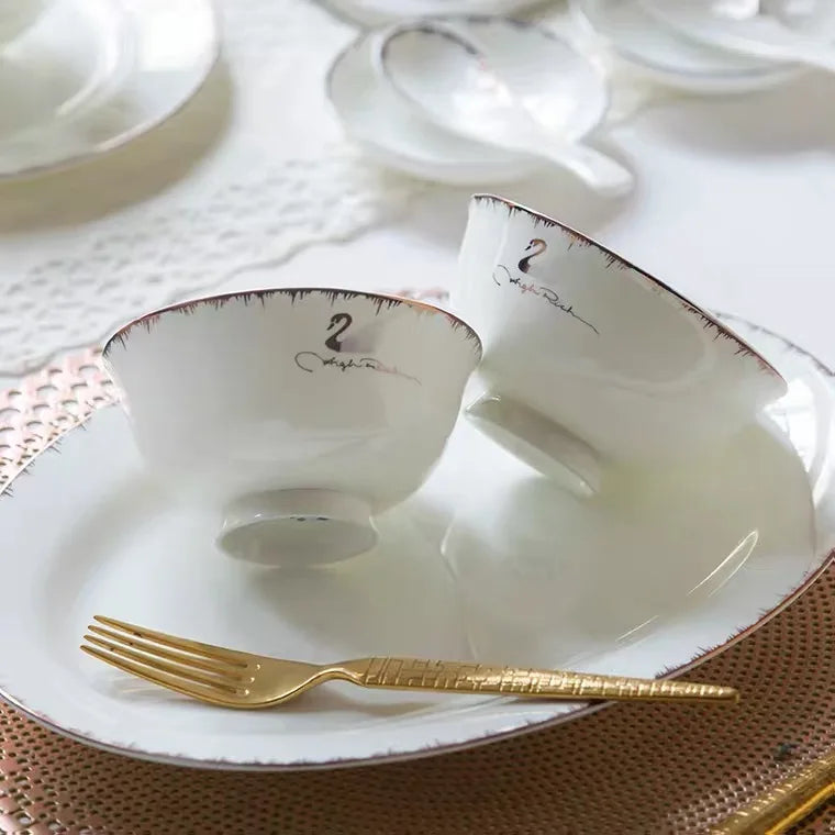 Gold and white Plate plated rim Ceramic Bowls Ceramic dinner Plates dishes dinnerware tray  in bulk soup bowl set ceramic