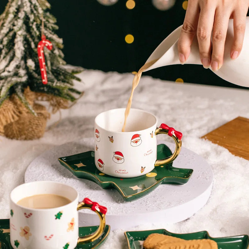 Premium Decorations Christmas Tree Mug Spoon Cute Glaze Custom Logo Ceramic Coffee Cup Plate Set for Gift