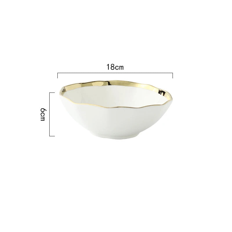 Gold and white Plate plated rim Ceramic Bowls Ceramic dinner Plates dishes dinnerware tray  in bulk 16 piece cafe tableware