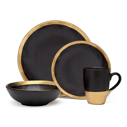 Luxury Porcelain Gold Stoneware Ceramic Dinnerware Sets Gold Glazed Stone Color with Plant Pattern Stocked Dinner Plates