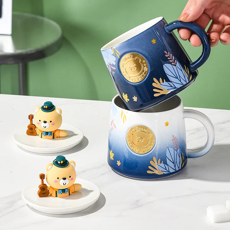 Ceramic Coffee Mug Cute Fun Cartoon Animal Office Mug with Spoon Lid Student Home Breakfast Cup Couple Creative Water Cup