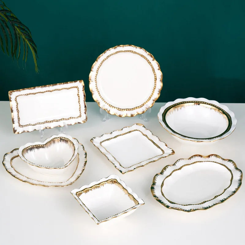 Custom shape white and gold dinner wear set dinnerware ceramic dishes supplier white tableware  plates bulk