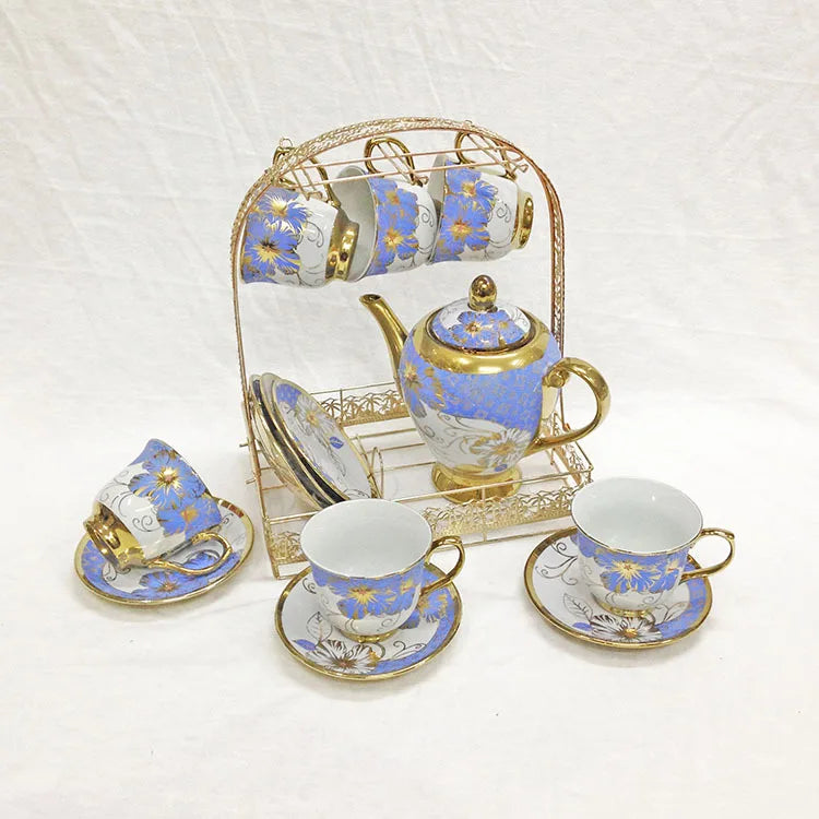 Turkish royal coffee tea set with 6 cups and saucers gold printed ceramic luxury teapot set