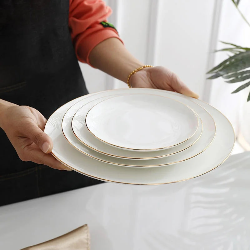 Gold and white Plate plated rim Ceramic Bowls Ceramic dinner Plates dishes dinnerware tray  in bulk plates & dishes