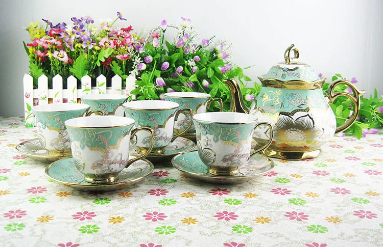 15pcs/set Delicate Bone china Coffee Cup Set European Vintage Tea Cup Tea Kettle Saucer Set