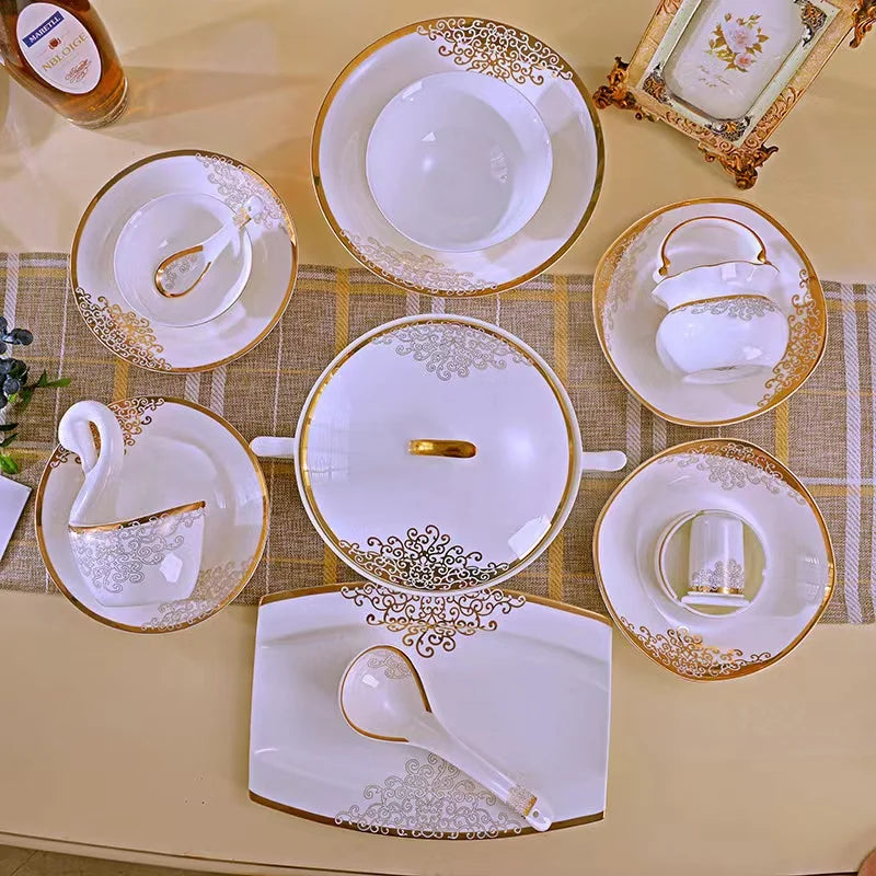 56pcs dinner set with cut decal Wedding dinner plates golden pattern luxury ceramic dinnerware