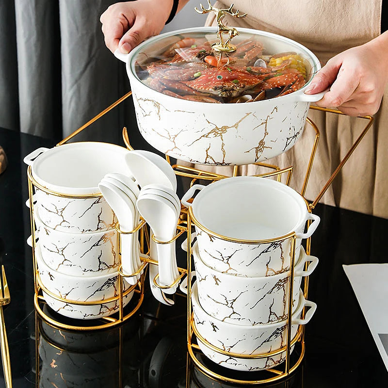 JIUWANG Gold-Plated Inox Casseroles Set Cooking Pots with Handles Packaging Elegant Kitchenware Fine dining ceramic tableware