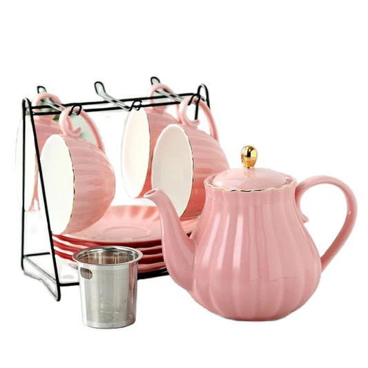 Modern royal luxury gold rim floral design colored porcelain 12pcs cup saucer pink coffee and tea sets ceramic tea set for gift