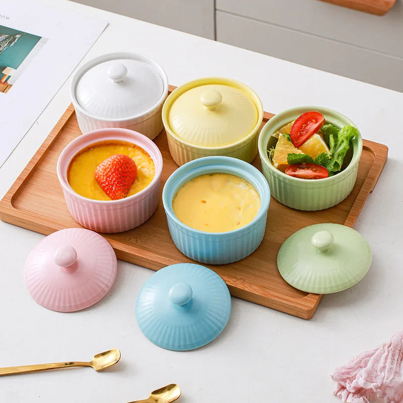 Ceramic Covered Souffle Cake Bowl With Lid Dishes Custard Pudding Cup Porcelain Ramekin For Baking Appliances