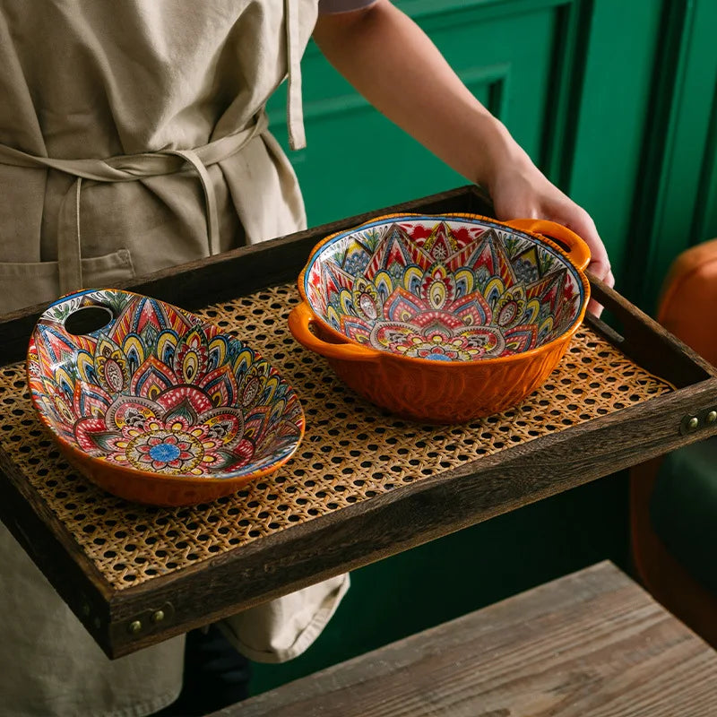 Flower pattern orange Ceramic bowl Porcelain Cheap Dinnerware Set Bohemian Ceramic Plate