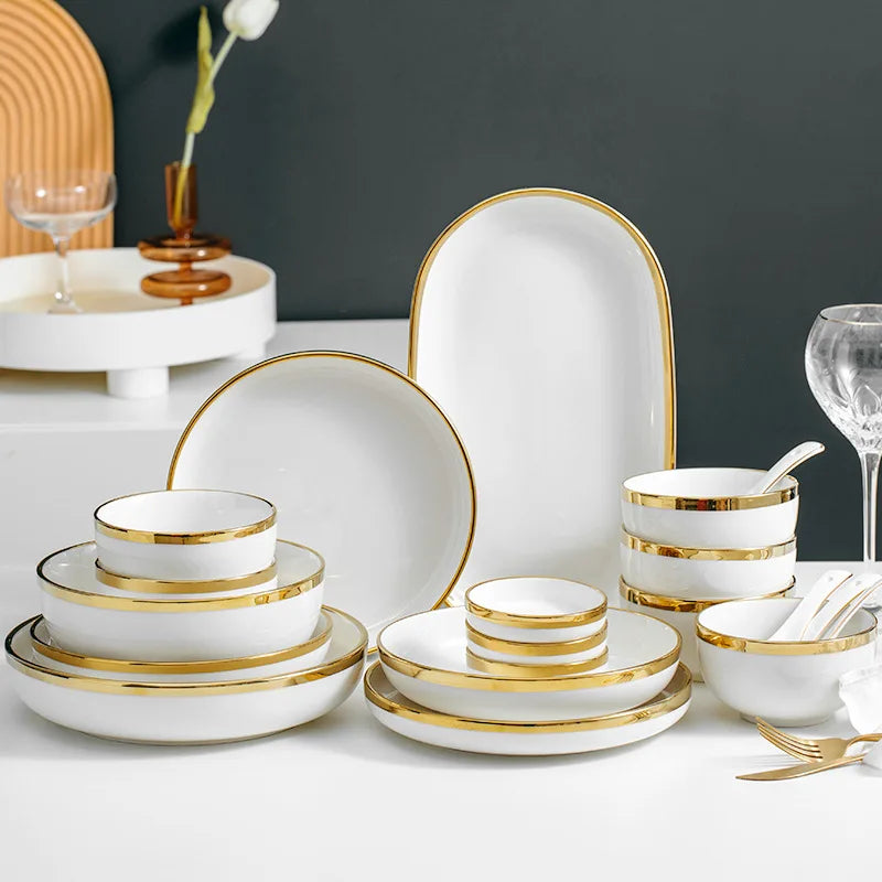 JIUWANG wholesale gold dinner Plate Set Porcelain Luxury Dinnerware Dishes Ceramic Plate