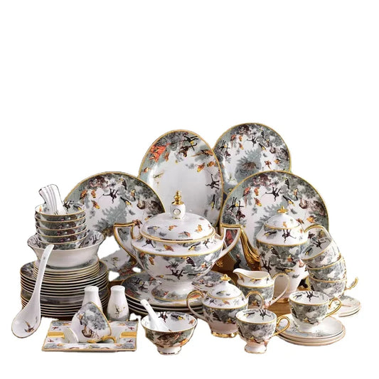 Western ceramic 58pcs Cookware Equator Jungle Series Tableware Set Bone China Bowls and Plates Porcelain Dinner set