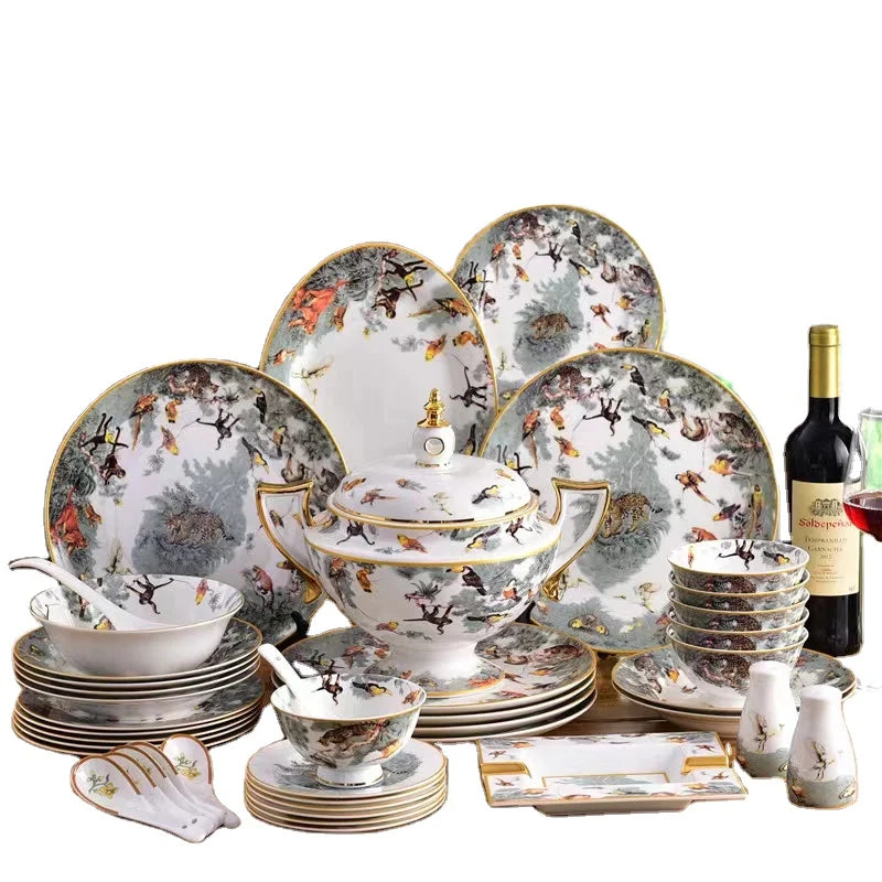 Western ceramic 56pcs Cookware Equator Jungle Series Tableware Set Bone China Bowls and Plates Dinner set luxury plates