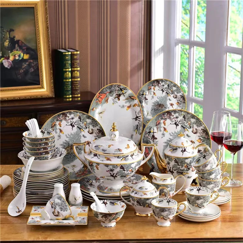 Wholesale western European style bone china tableware 58 pieces ceramic plate bowl set porcelain dinner set